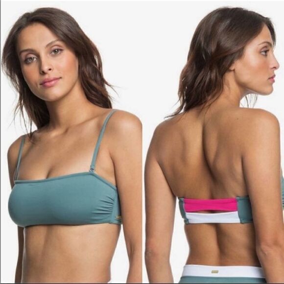 Roxy Green Swim In Love Bandeau Bikini Top Medium NWT - Picture 1 of 2